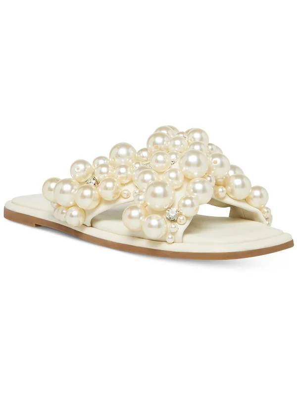 Summer sandals for women with breathable design and comfortable fit-Duri Womens Embellished Imitation Pearl Slide Sandals