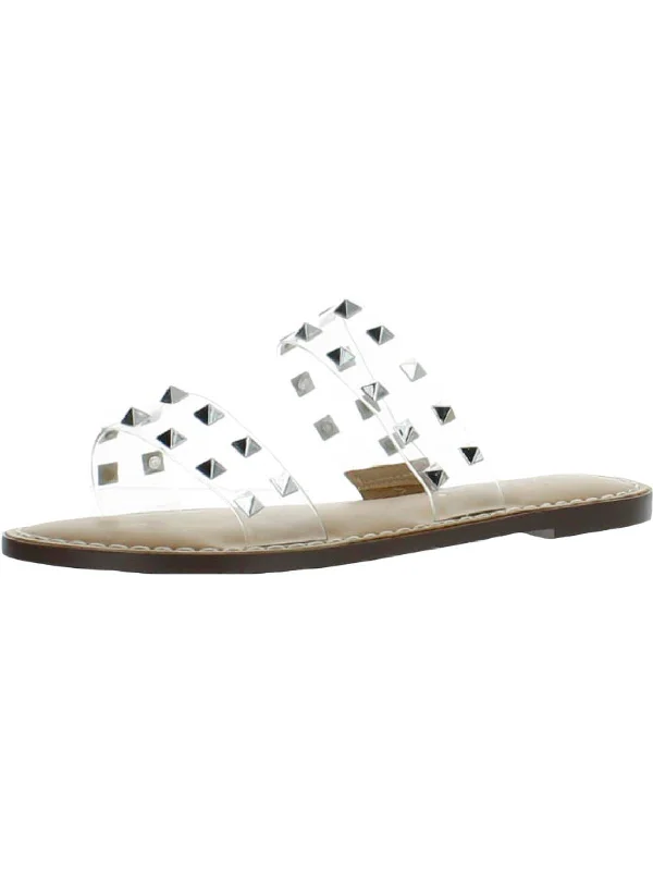 Stylish sandals for women with metallic leather straps and cushioned footbed-Ginnie Womens Studded Slip On Flat Sandals