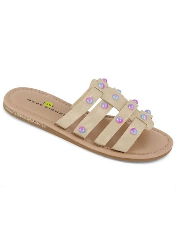 Elegant sandals for evening wear with rhinestone embellishments and soft leather-Riley Pava Girls Faux Leather Padded Footbed Slide Sandals