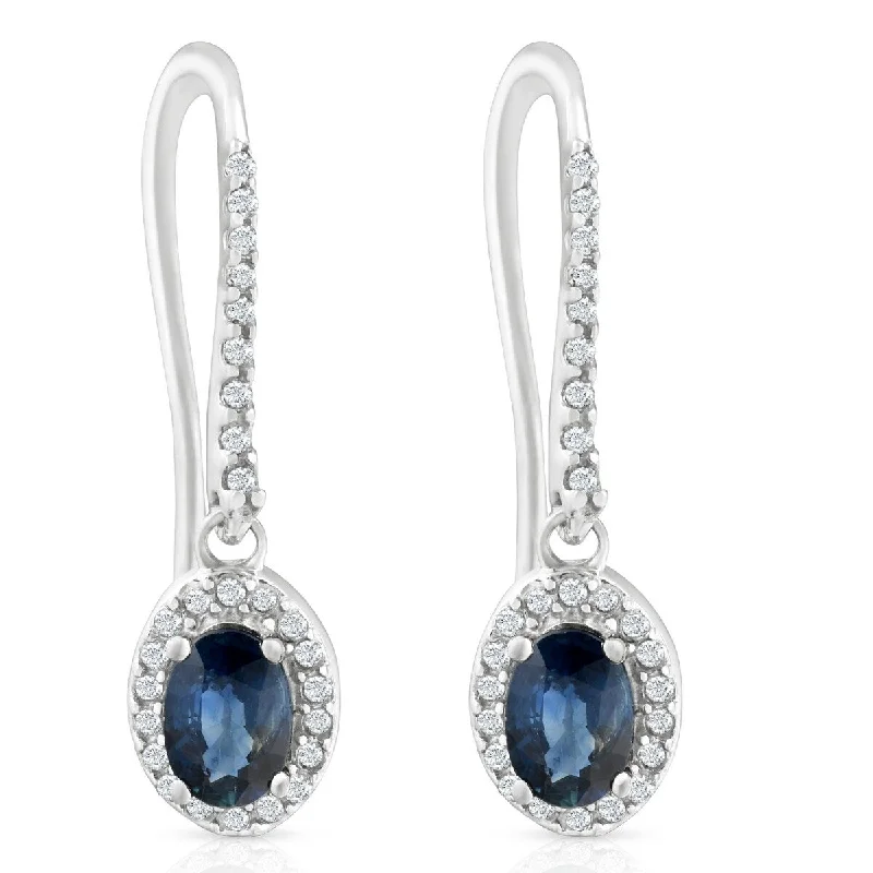 Best hoop earrings with delicate chain details for a trendy and stylish design-1 3/8ct Oval Blue sapphire & Diamond Halo Hoops Dangle Lever Back Earrings