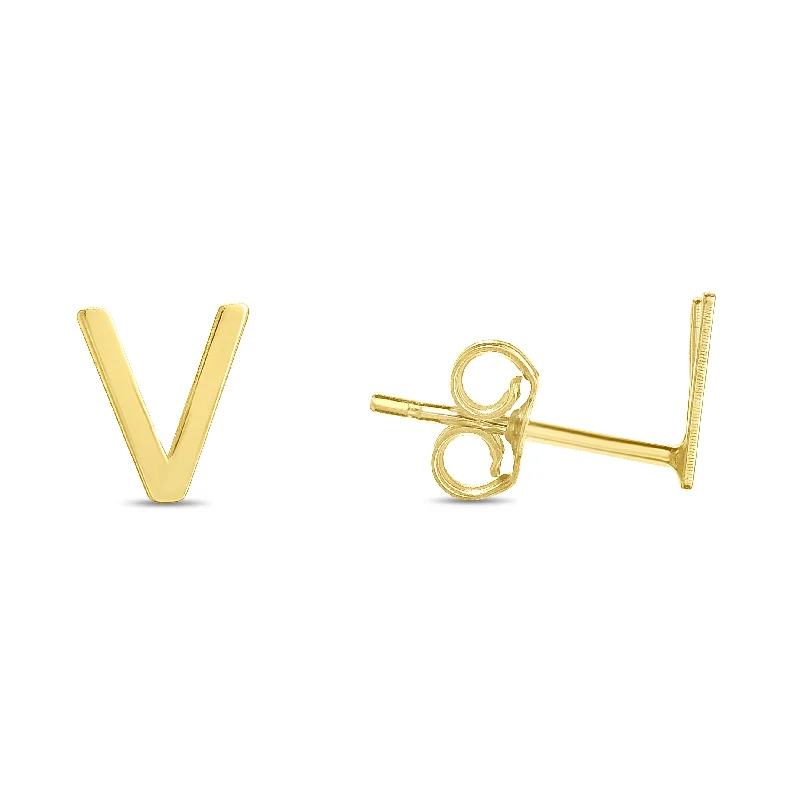 Hoop earrings with a matte black finish for a sleek, edgy vibe-14K Gold Initial V Stud Earring