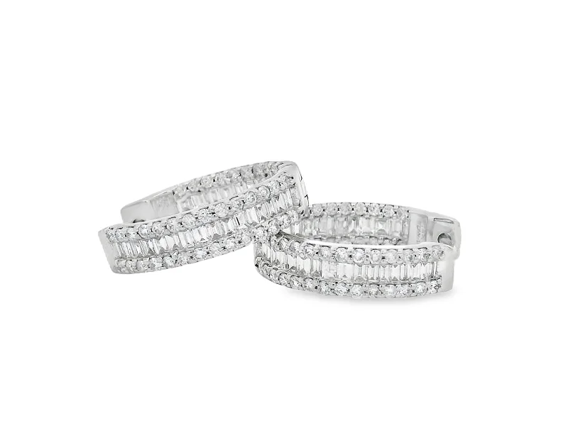 Best hoop earrings with Swarovski crystals for added sparkle and luxury-14K White Gold Baguette & Round Diamond Hoops