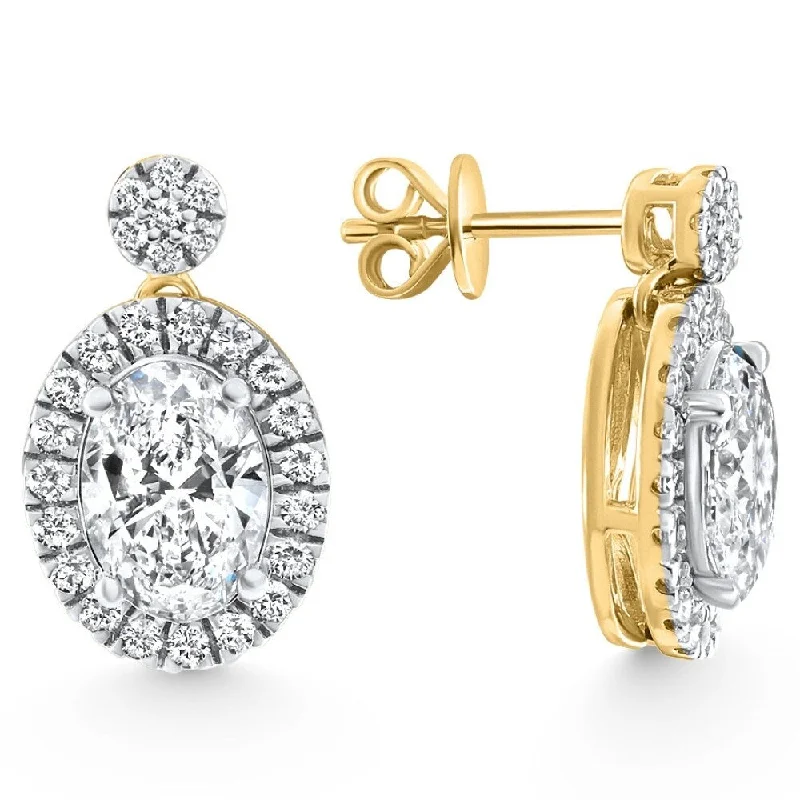 Best hoop earrings with floral designs for a feminine and delicate look-3 1/2Ct Oval Halo Dangle Diamond Earrings Yellow Gold Studs Lab Grown