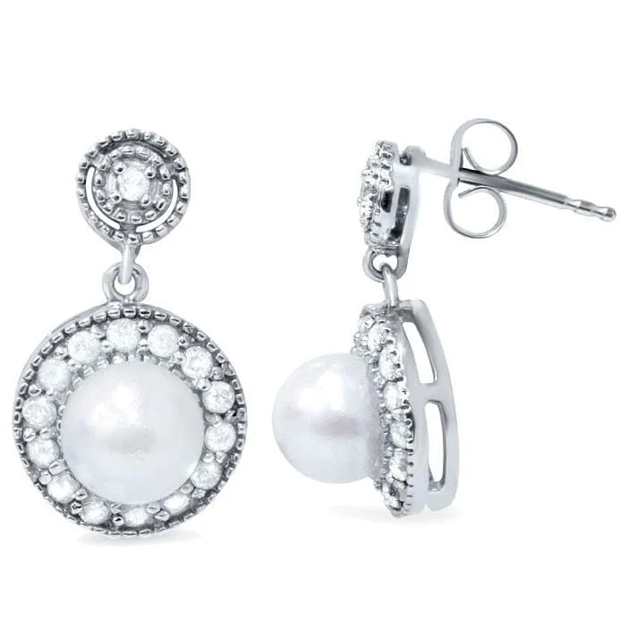 Best hoop earrings with baroque pearls for a luxurious and elegant vibe-3/8ct Diamond & Pearl Vintage Gatsby Style Earrings White Gold