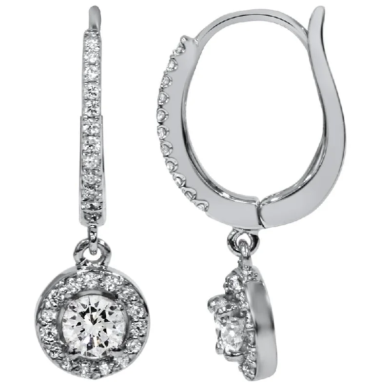 Hoop earrings with twisted metal designs for a dynamic and modern style-5/8ct Pave Diamond Hoop Dangle Lever Back Earrings White Gold 1" Tall