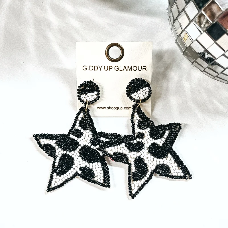 Hoop earrings with resin accents for a bold and colorful design-Stars In Your Eyes Cow Print Beaded Star Earrings in Black