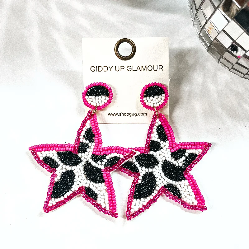 Best hoop earrings with snake-inspired designs for an edgy and fierce vibe-Stars In Your Eyes Cow Print Beaded Star Earrings in Hot Pink