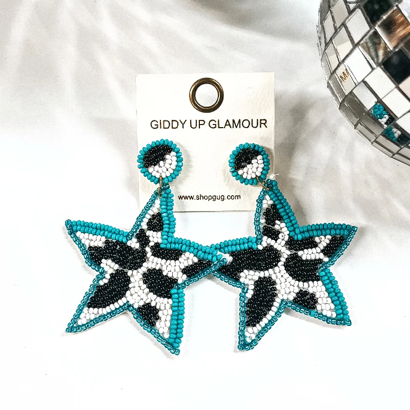 Hoop earrings with rhinestone-studded rims for a glamorous touch-Stars In Your Eyes Cow Print Beaded Star Earrings in Turquoise