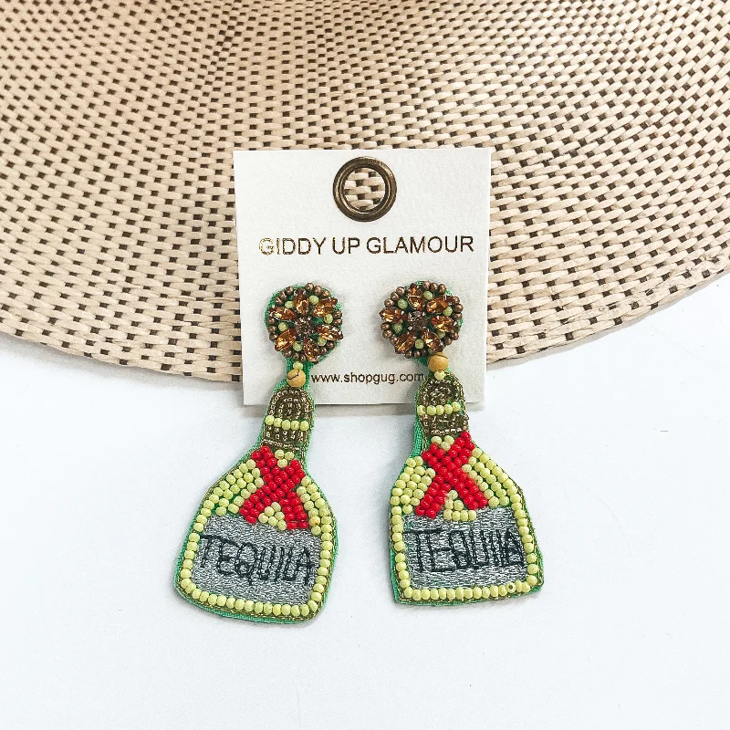 Hoop earrings with faceted crystals for added sparkle and shine-Beaded Tequila Bottle in Lime Green