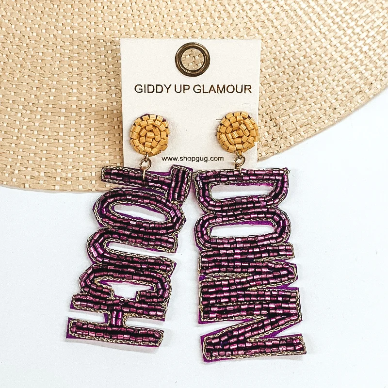 Hoop earrings with twisted leather for a chic and modern boho look-Beaded Touch Down Post Back Earrings in Purple and Mustard