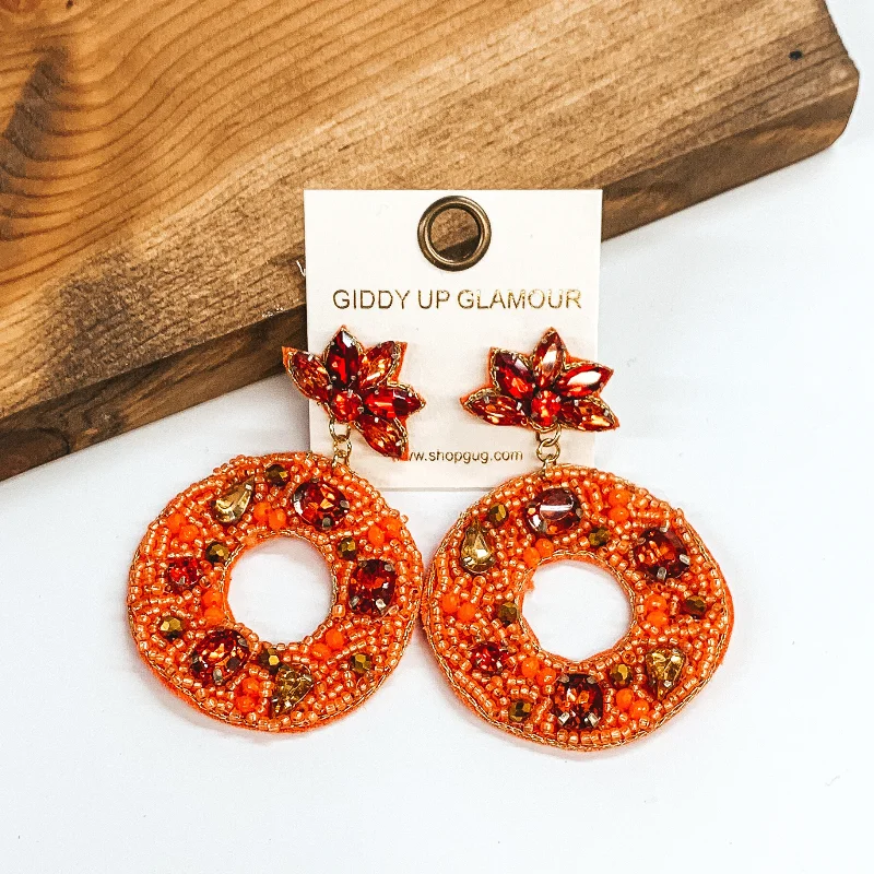 Best hoop earrings with textured silver for a rustic and organic finish-Crystal Beaded Fall Wreath Earrings in Orange