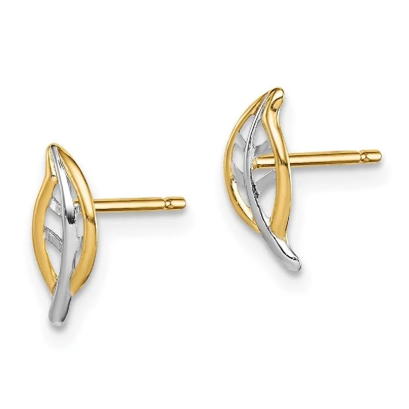 Best hoop earrings with angel wing accents for a spiritual and meaningful design-Curata 14k Yellow Gold and White Rhodium Leaf Post Earrings - 9.5mm