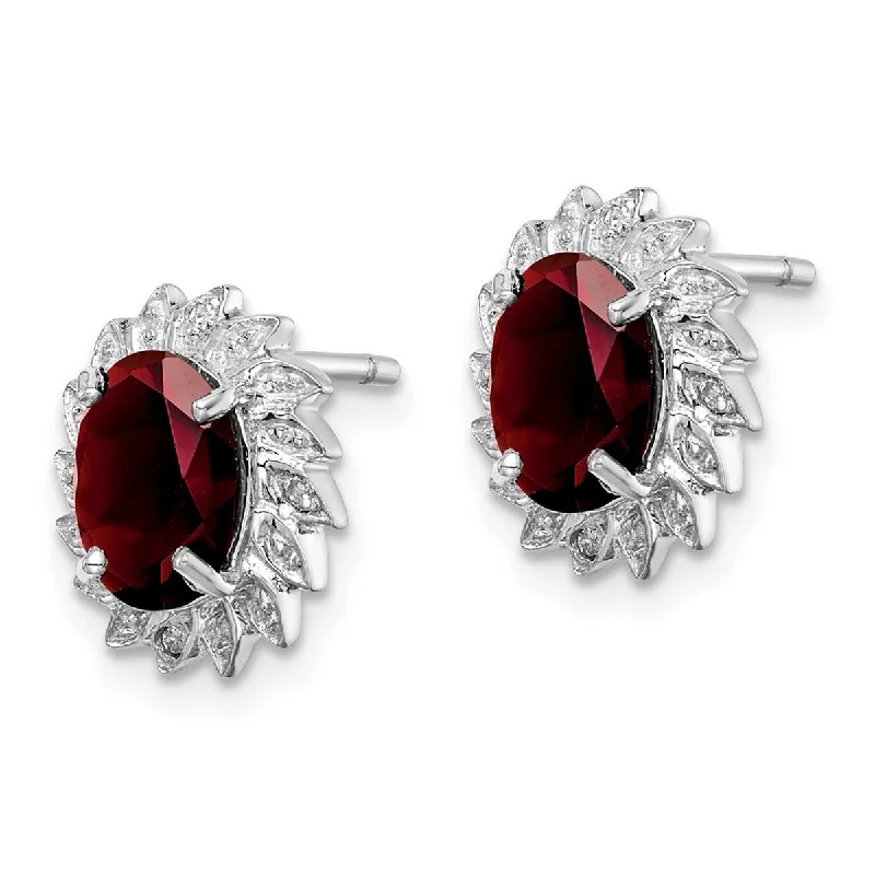 Best hoop earrings with crescent-shaped designs for a bold, moon-inspired style-Curata 925 Sterling Silver Oval Solid Polished Open back Rhodium Garnet and Diamond Post Earrings Measures 12x10mm Wide