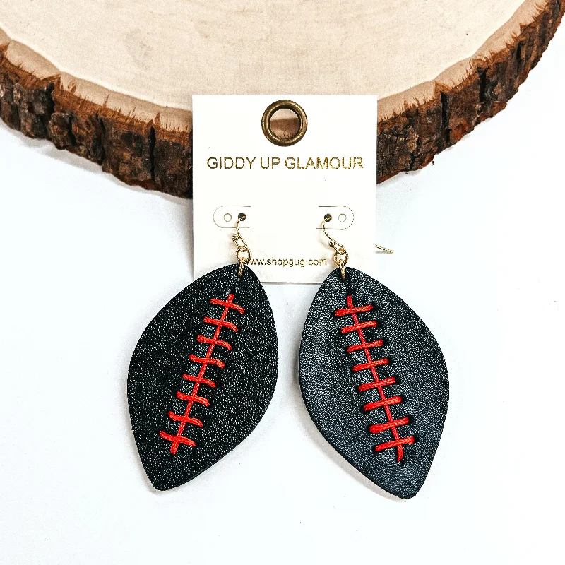 Hoop earrings with colorful beads for a fun and playful vibe-Faux Leather Football Earrings in Black and Red