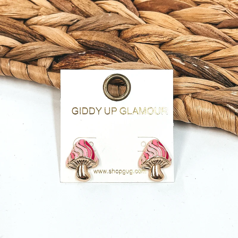 Best hoop earrings with geometric triangle shapes for a modern, chic design-Gold Mushroom Stud Earring in Pink