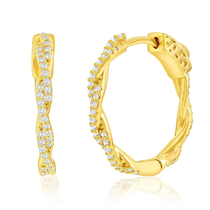 Hoop earrings with textured gold for a refined and sophisticated aesthetic-Gold Plated Sterling Silver Twisted CZ Hoop Earrings - 21mm