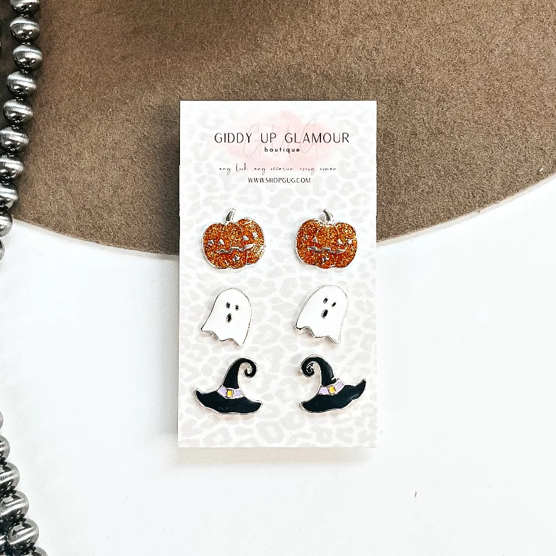 Best hoop earrings with delicate chain details for a trendy and stylish design-Halloween Earring Stud Set in Silver Tone Setting