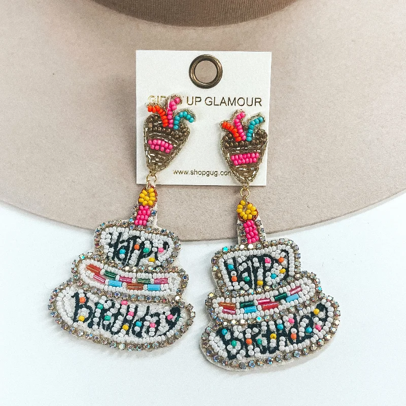 Hoop earrings with artistic filigree designs for an intricate, delicate finish-Happy Birthday Cake Beaded Earrings in Multicolor