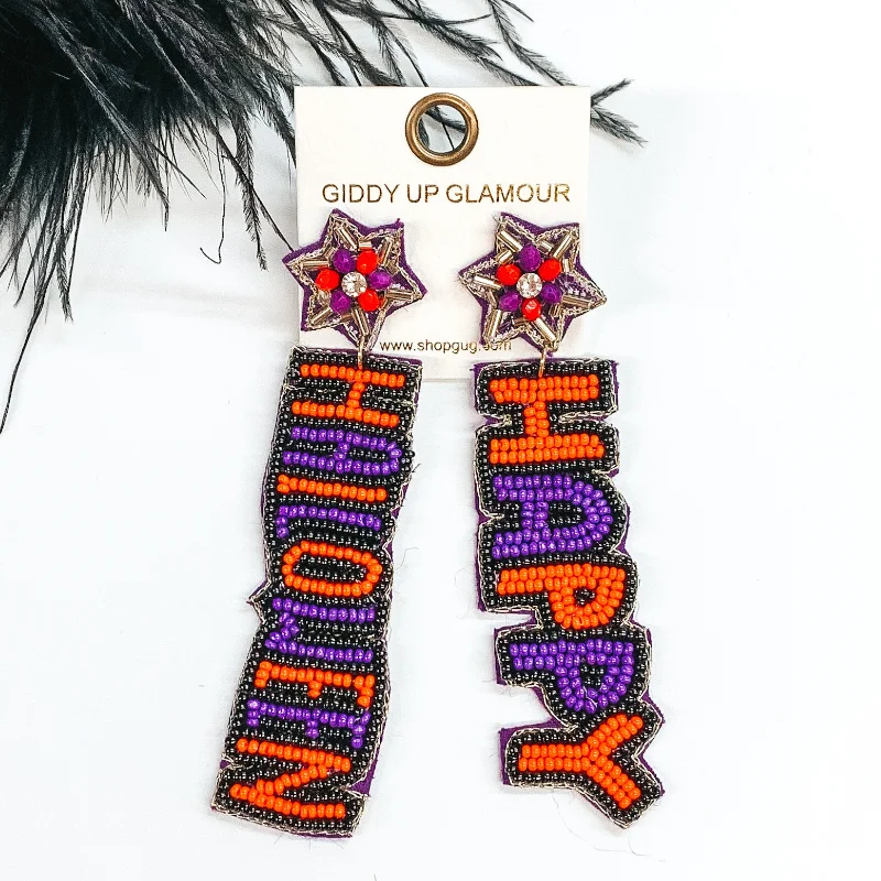 Best hoop earrings with multi-colored gemstones for a vibrant and lively touch-Happy Halloween Beaded Earrings in Orange and Purple