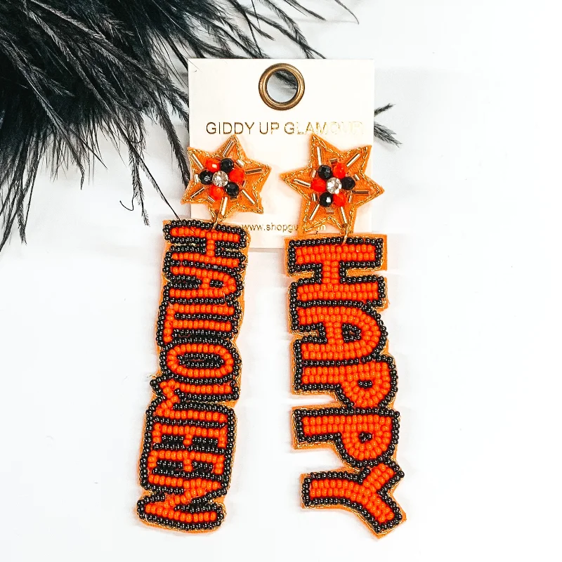 Hoop earrings with crescent moon shapes for a celestial and mystical appearance-Happy Halloween Beaded Earrings in Orange