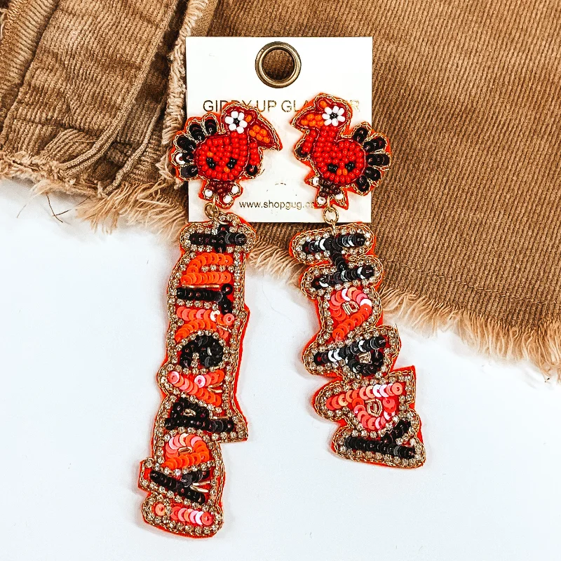 Best hoop earrings with matching bracelets for a coordinated jewelry set-Happy Turkey Day Beaded Earrings in Orange and Dark Brown