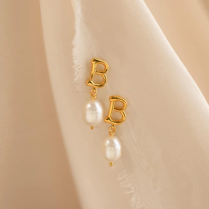 Hoop earrings with intricate designs for a unique and artistic appearance-Initial Pearl Drop Studs