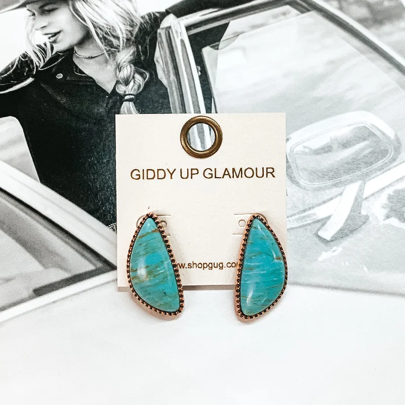 Hoop earrings with open designs for a modern, lighthearted vibe-Irregular Shaped Faux Turquoise Stone Post Earrings in Copper Tone