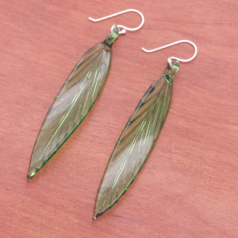 Best hoop earrings with textured silver for a rustic and organic finish-Novica Handmade Bamboo Leaf Handblown Glass Dangle Earrings