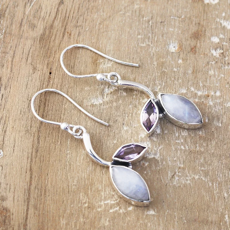 Best hoop earrings with marbled designs for a trendy and artistic effect-Novica Handmade Chic Leaf Rainbow Moonstone And Amethyst Dangle Earrings