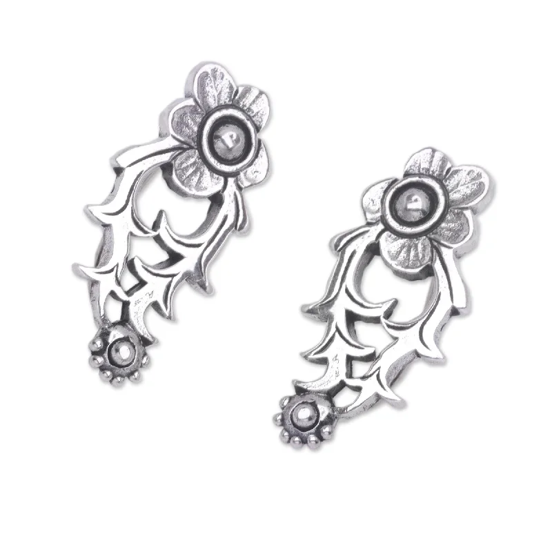 Hoop earrings with oversized designs for a bold, fashion-forward statement-Novica Handmade Climbing Blooms Sterling Silver Ear Climber Earrings