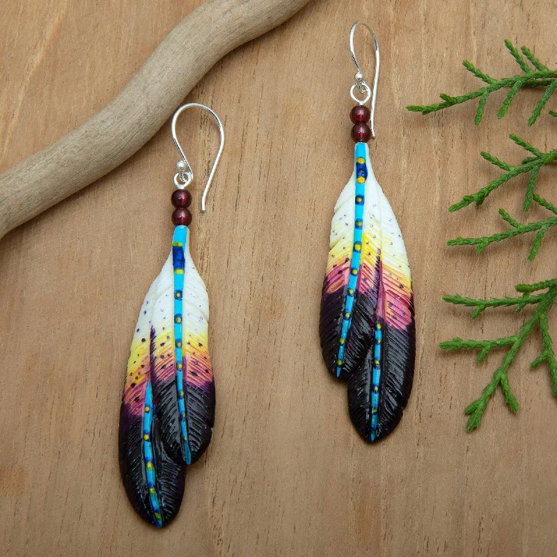 Hoop earrings with circle designs for a classic and timeless shape-Novica Handmade Creativity Feathers Garnet Beaded Dangle Earrings