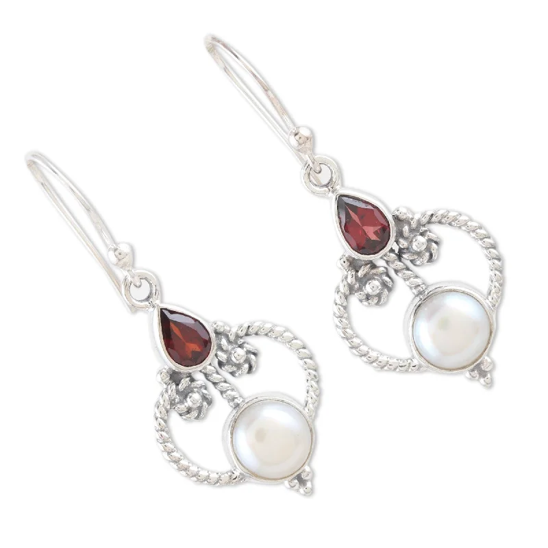 Best hoop earrings with gemstone accents for a colorful and elegant appearance-Novica Handmade Crimson Mansion Cultured Pearl Garnet Dangle Earrings