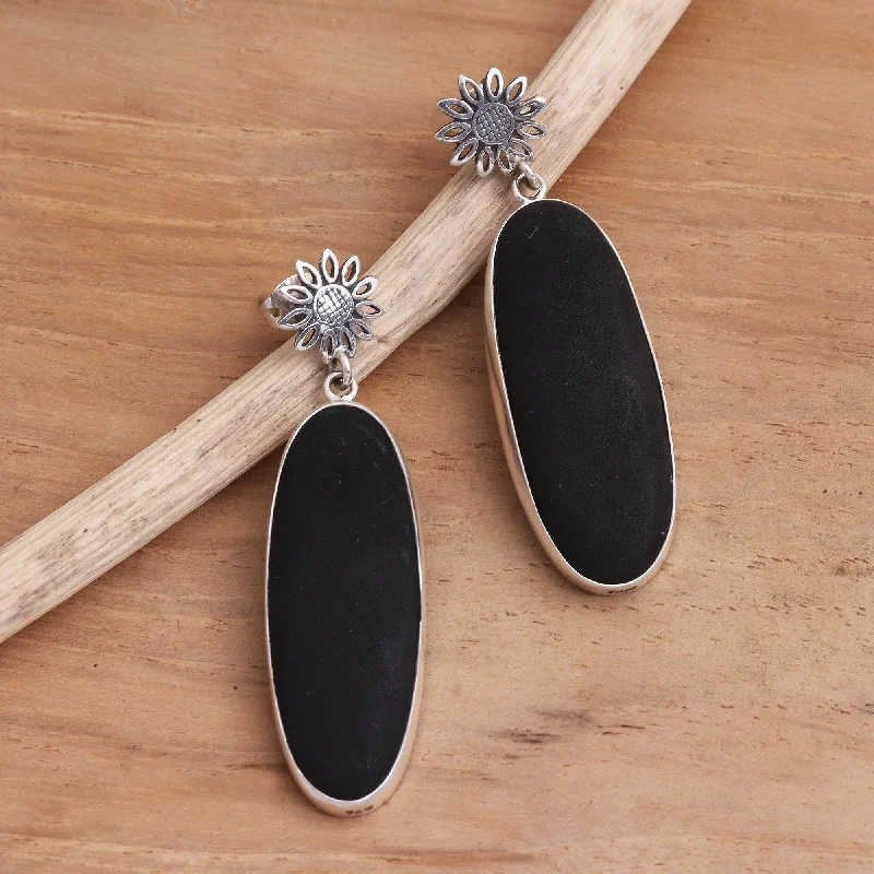 Best hoop earrings with matte finish for a sophisticated, understated design-Novica Handmade Long Oval Shadow Sterling Silver And Black Lava Stone Dangle Earrings