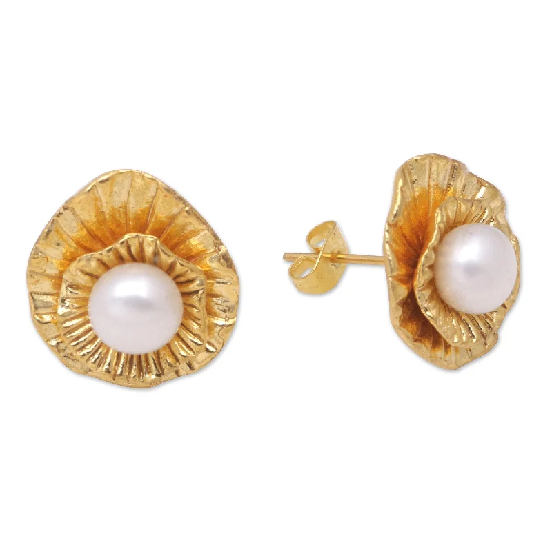 Best hoop earrings with multi-colored gemstones for a vibrant and lively touch-Novica Handmade Pearly Lotus Gold-Plated Cultured Pearl Button Earrings