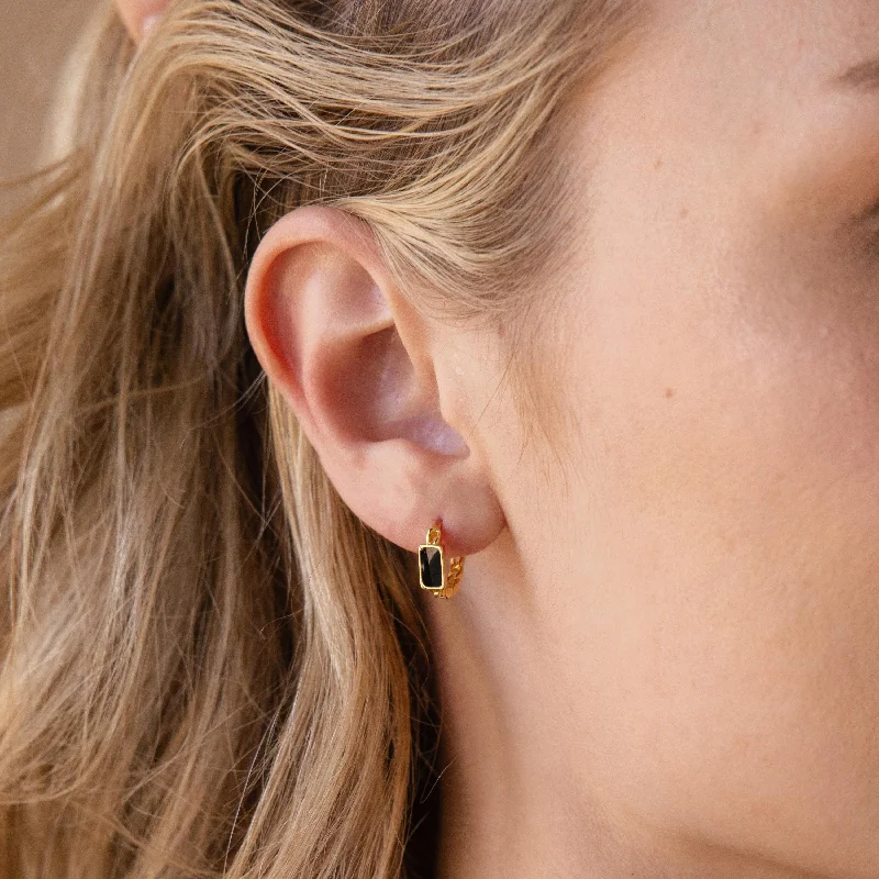 Hoop earrings with leather accents for a sleek and bold combination-Onyx Link Huggies