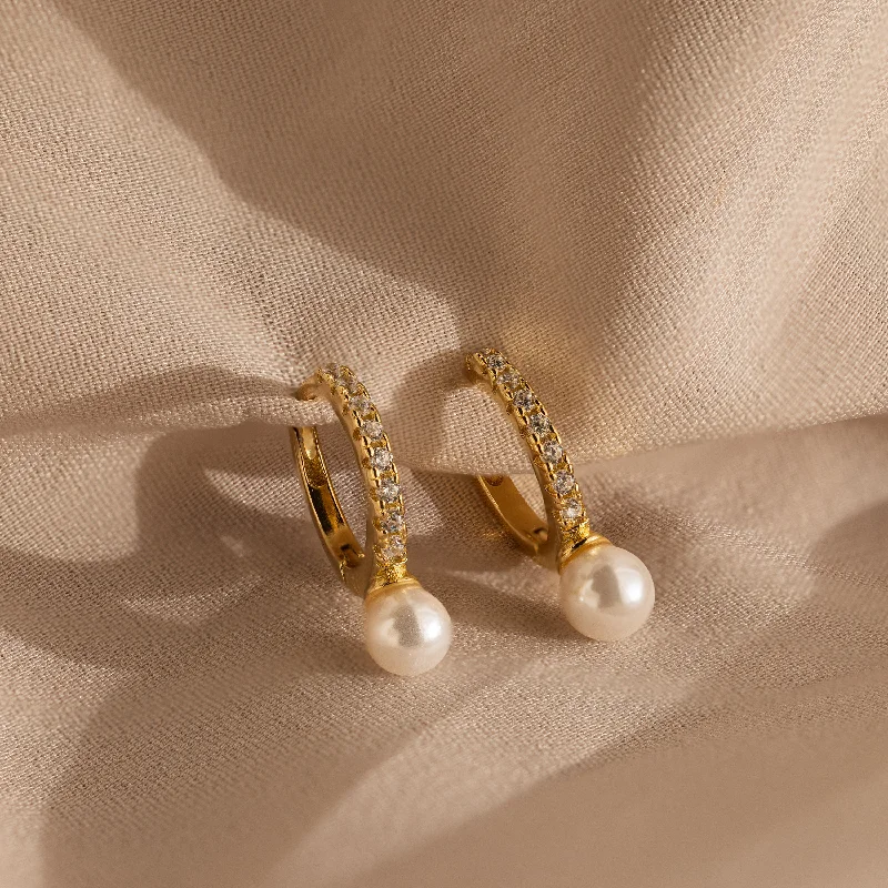 Small hoop earrings for a delicate and understated everyday wear-Pave Pearl Drop Huggies