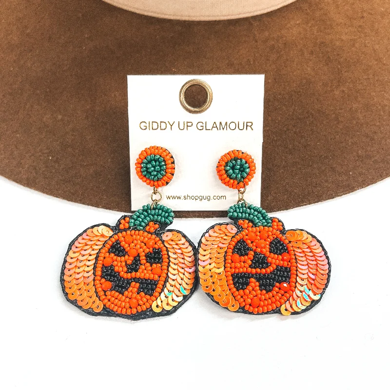 Hoop earrings with spiral designs for a dynamic and fluid look-Jack O' Lantern Sequin and Seedbeaded Post Earrings in Orange