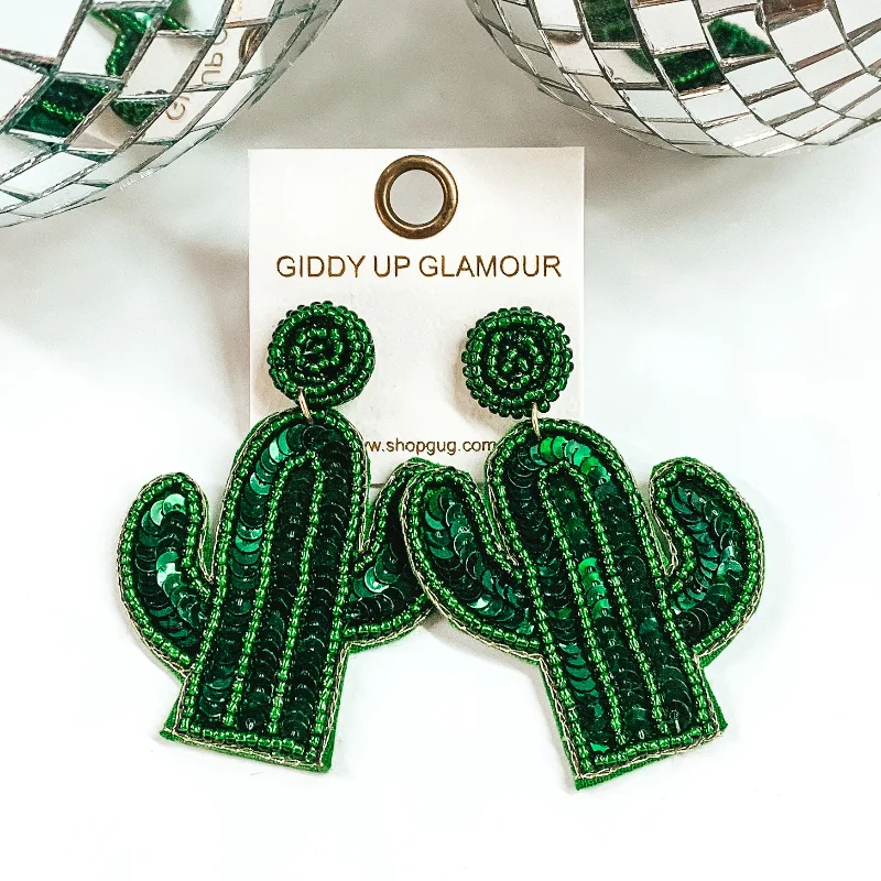 Classic hoop earrings with a thin profile for a sleek and subtle style-Sequin Beaded Cactus Earrings in Green