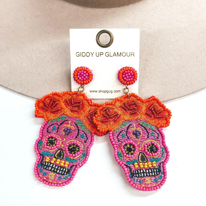 Hoop earrings with gold accents for a warm, elegant statement piece-Memories Keep Us Alive Sugar Skull Post Earrings in Fuchsia Pink