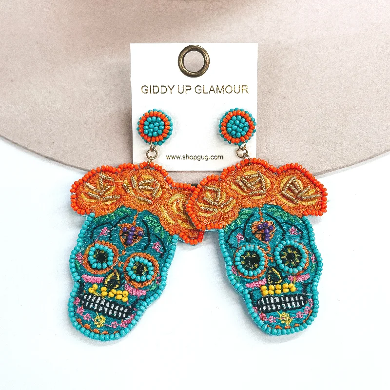 Hoop earrings with infinity loop designs for a continuous and eternal shape-Memories Keep Us Alive Sugar Skull Post Earrings in Turquoise Blue