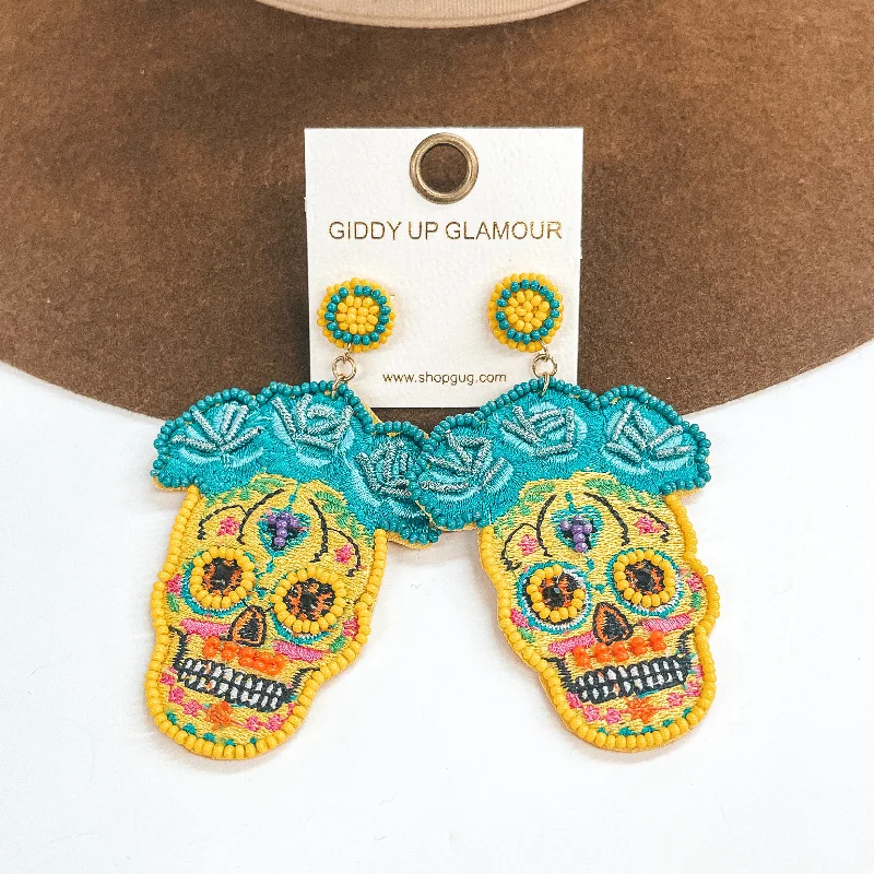 Hoop earrings with abstract wirework for an artistic, unique look-Memories Keep Us Alive Sugar Skull Post Earrings in Yellow