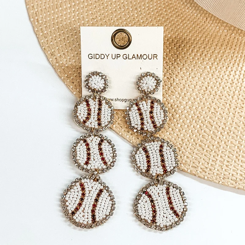 Best hoop earrings with baroque pearls for a luxurious and elegant vibe-Three Tiered Baseball Beaded Post Back Earrings in White