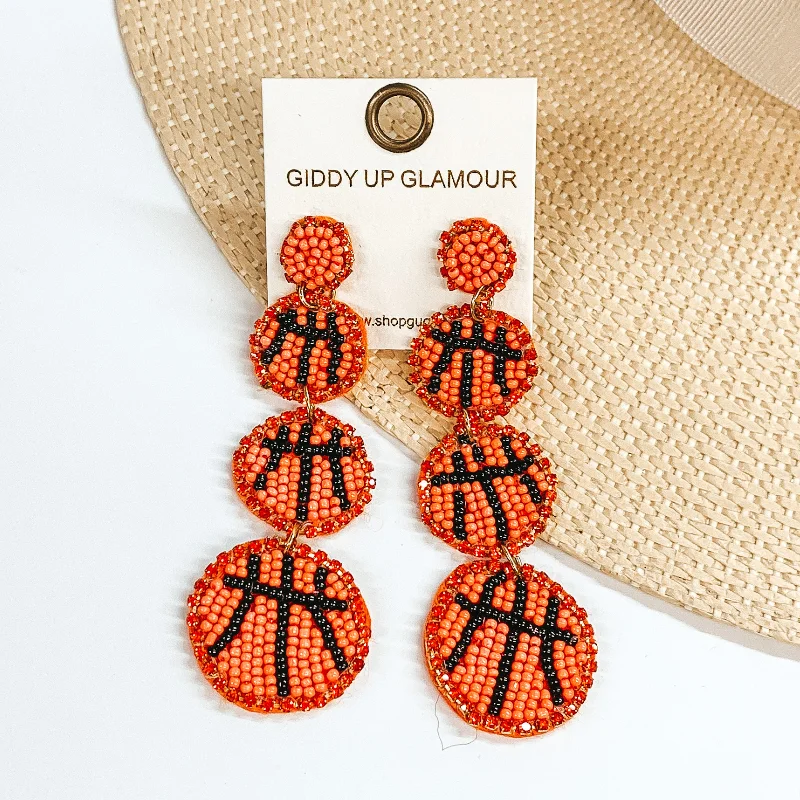 Best hoop earrings with detachable studs for a versatile and adjustable accessory-Three Tiered Basketball Beaded Post Back Earrings in Orange