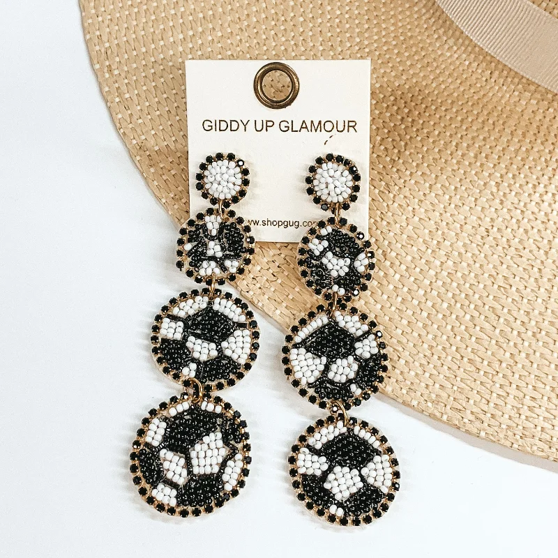 Hoop earrings with textured gold for a refined and sophisticated aesthetic-Three Tiered Soccer Ball Beaded Post Back Earrings in White