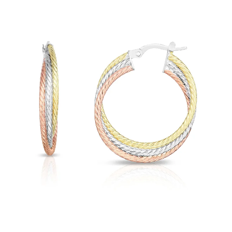 Best hoop earrings with crescent-shaped designs for a bold, moon-inspired style-Tri-Color Gold Twisted Hoop Earrings