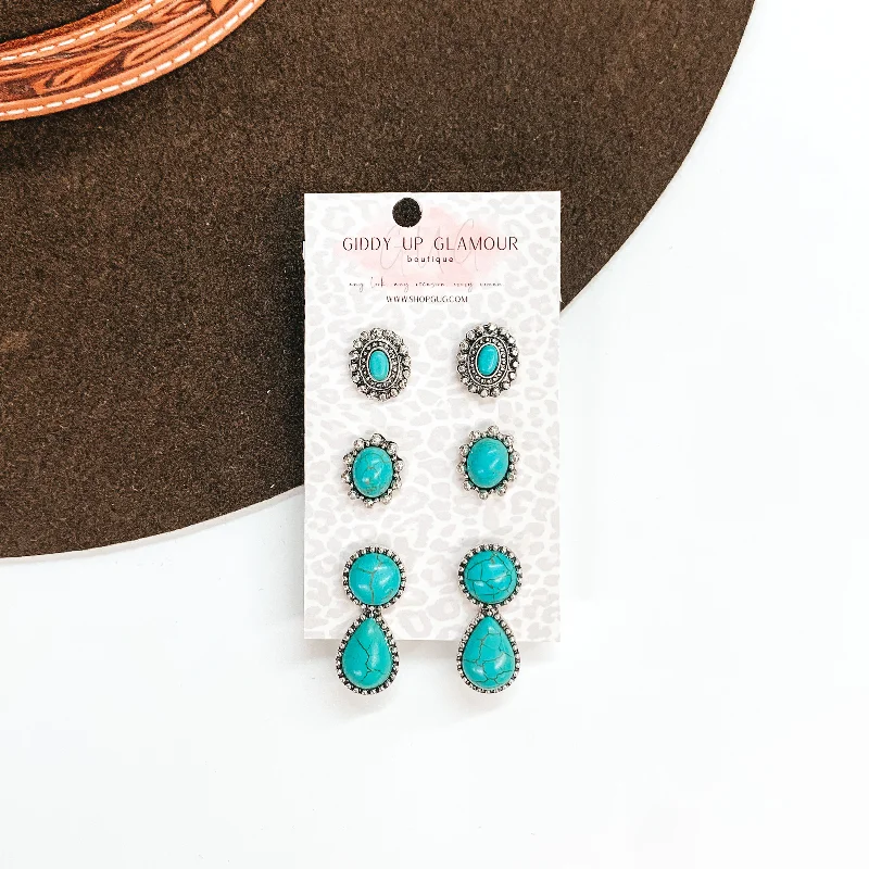 Large hoop earrings for a bold and statement-making fashion accessory-Mystical Dreamer Western Turquoise Stone Earring Set in Silver Tone