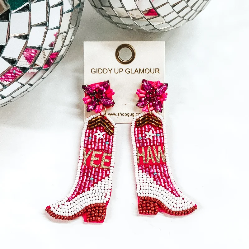 Best hoop earrings with hammered gold for a rustic yet elegant look-Yee Haw Beaded Boot Post Back Earrings in Fuchsia and White