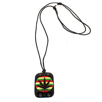 Stunning necklaces and pendants with aquamarine stones for a serene effect-Black Cord Necklace Reggae Vibes Dog Tag Canna Rasta Weed Leaf Pendant 1SZ FIt