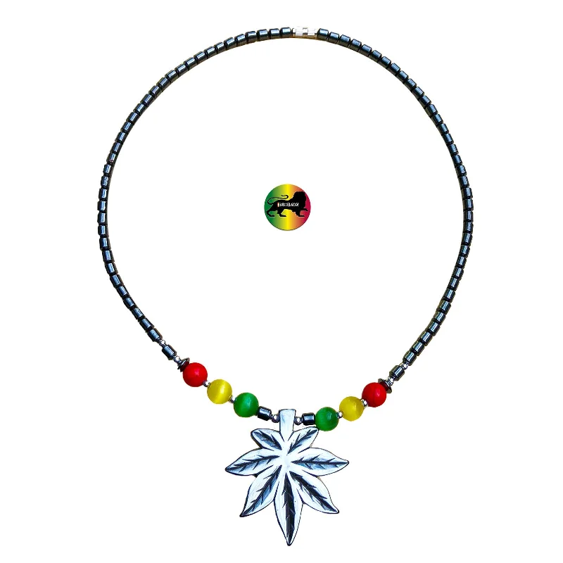 Beautiful necklaces and pendants with layered chains for a fashionable, chic look-Hematite Necklace Weed Leaf Pendent Jah Love Rasta Africa Jah Reggae IRIE