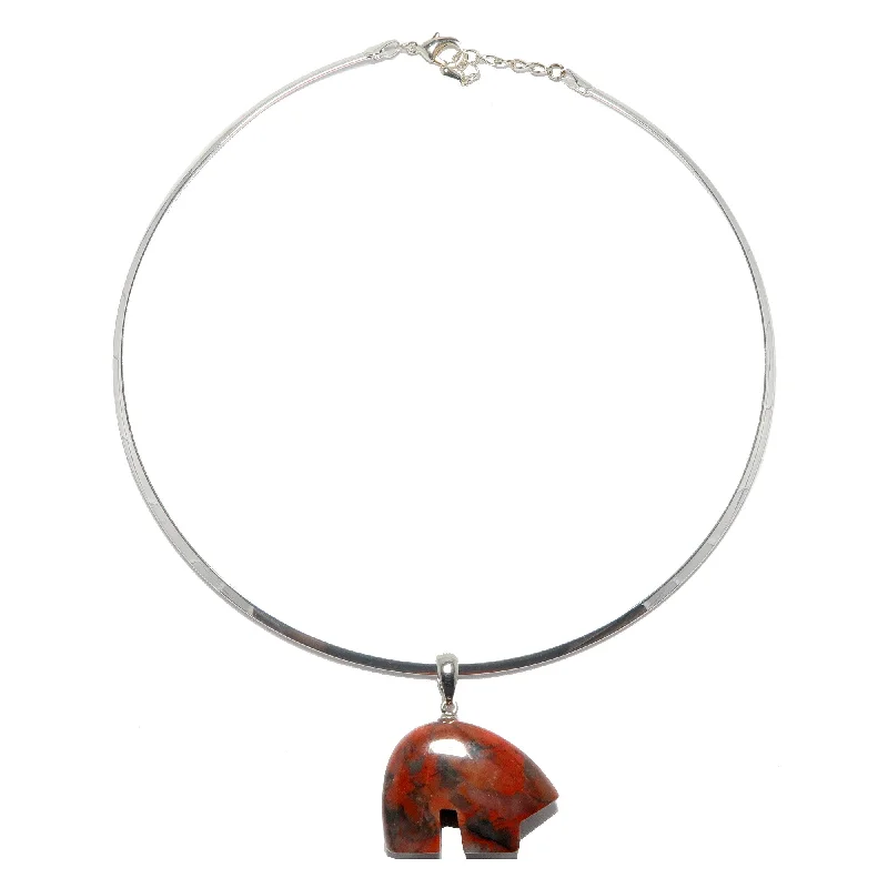 Trendy necklaces and pendants with statement pieces for a bold fashion statement-Red Jasper Necklace Gentle Guardian Bear Silver Choker